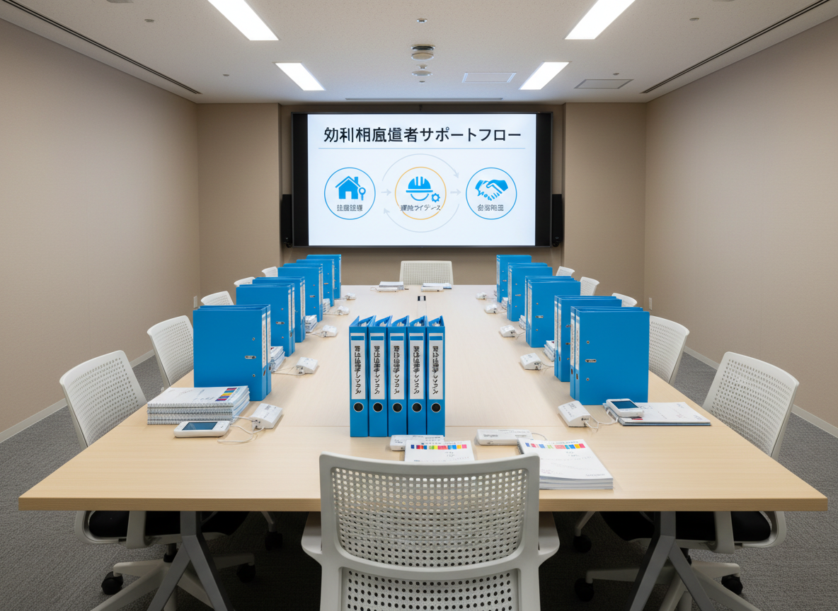A neat training room with a long rectangular table set with identical binders labeled “受入れ手順マニュアル”, multilingual orientation booklets, and translation devices placed on top of crisp white notepads. At the front of the room, a large wall-mounted display shows a clear slide about foreign worker support flow, with icons illustrating housing assistance, workplace guidance, and consultation windows. Soft, evenly distributed ceiling lighting brightens the room, creating minimal shadows and a welcoming clarity. Photographic realism, shot from the back of the room toward the screen at a slightly elevated angle, maintaining sharp focus throughout. The mood is organized and educational, reinforcing the idea of structured, easy-to-understand training environments for companies introducing and operating foreign employment programs.