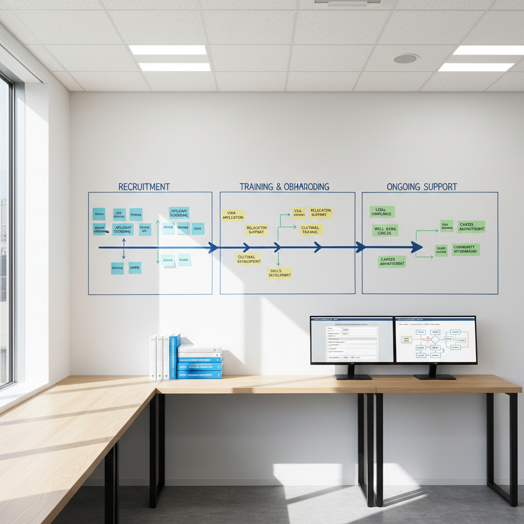 A spacious, minimalist consulting office featuring a wide whiteboard wall covered with neatly drawn timelines, arrows, and color-coded sticky notes labeled with stages of foreign worker recruitment, training, and ongoing support. In front of the wall stands a long, tidy workstation with dual monitors showing immigration forms and workflow diagrams, beside neatly stacked guidebooks on Japanese labor law. Natural daylight streams from the side, enhanced by discreet ceiling LEDs, creating an even, bright environment with soft shadows. Photographic realism, shot from a slightly elevated angle using the rule of thirds, highlighting both the structured planning on the wall and the digital tools, evoking a mood of strategic clarity, reliability, and step-by-step accompaniment for foreign employment operations.