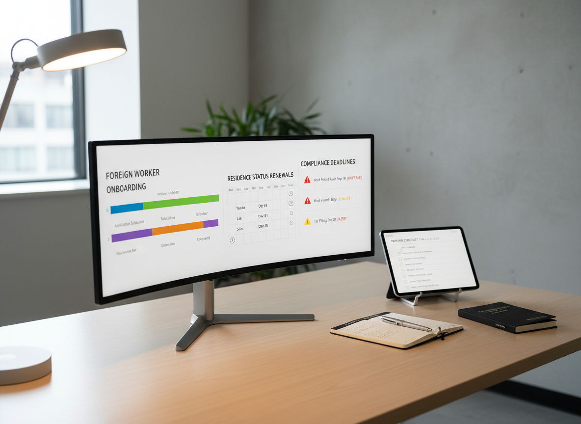 A modern desktop setup on a pale wooden office desk, displaying a large ultrawide monitor filled with a colorful dashboard tracking foreign worker onboarding stages, schedule reminders for residence status renewals, and risk alerts for compliance deadlines. Beside the monitor, a tablet shows a translated checklist, while a neatly arranged notebook, pen, and a slim Japanese–foreign language dictionary rest nearby. Cool, balanced lighting from an unseen window combines with subtle task lighting from a minimalist desk lamp, illuminating the screen details without glare. Photographic realism, captured from a three-quarter angle with moderate depth of field, keeping the digital interface in sharp focus while the background of neutral office walls and a simple potted plant fades gently, conveying an image of efficient, technology-driven support and continuous operational monitoring.