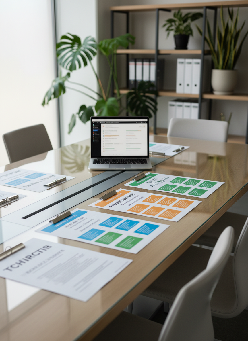 A sleek, glass-walled meeting table made of light oak wood, its surface neatly arranged with bilingual Japanese–foreign language contracts, color-coded flowcharts explaining work visa types, and a slim silver laptop showing a dashboard of compliance checklists. Around the table are simple ergonomic office chairs pulled back to keep the focus on the documents and technology. Soft, diffused daylight enters from large unseen windows, creating clear reflections on the glass and gentle shadows that suggest a calm, organized space. Photographic realism with a clean, modern corporate aesthetic, shot at eye level with a shallow depth of field so the central paperwork is razor-sharp while the background office shelving and indoor plants blur into a professional, reassuring atmosphere.